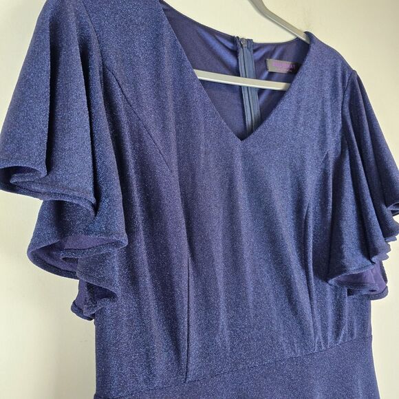 Bridesmay Semi Formal Dress Ruffle Sleeve‎ A Line Swing Metallic V-Neck Blue.A23 - Picture 6 of 13